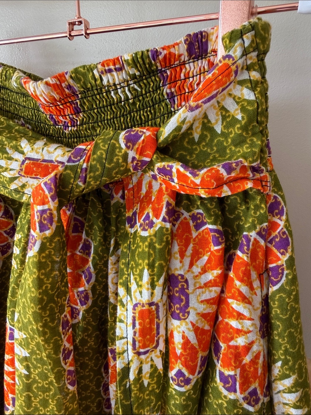 Jackpot Vintage Boho Print Green Orange Elasticized Waist Tie Belt Maxi Skirt OS - Picture 4 of 8
